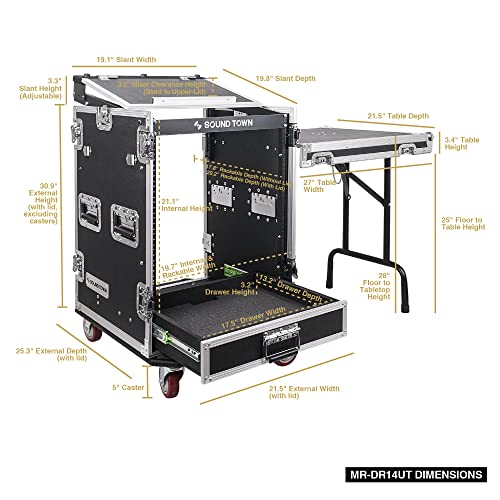 Sound Town 10U PA DJ Pro Audio Rack/Road ATA Case with 2U Drawer, 11U Slant Mixer Top, DJ Work Table, Casters, Pro Tour Grade (MR-DR10U)