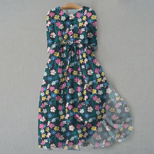 Dresses for Women Loose Mid-Length Sleeve Art Floral Print Button Up Casual Women'S Dresses
