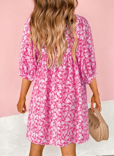 Dokotoo Womens Summer Dresses 2024 Boho Floral Drawstring V Neck Chiffon Lantern Sleeve Casual Beach Mini Dress Sundress