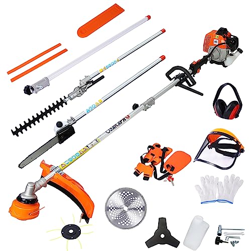 Backpack 4 in 1 Multi-Functional Trimming Tool, 52CC 2-Cycle Garden Tool System with Gas Pole Saw, Hedge Trimmer, Grass Trimmer, and Brush Cutter EPA Compliant