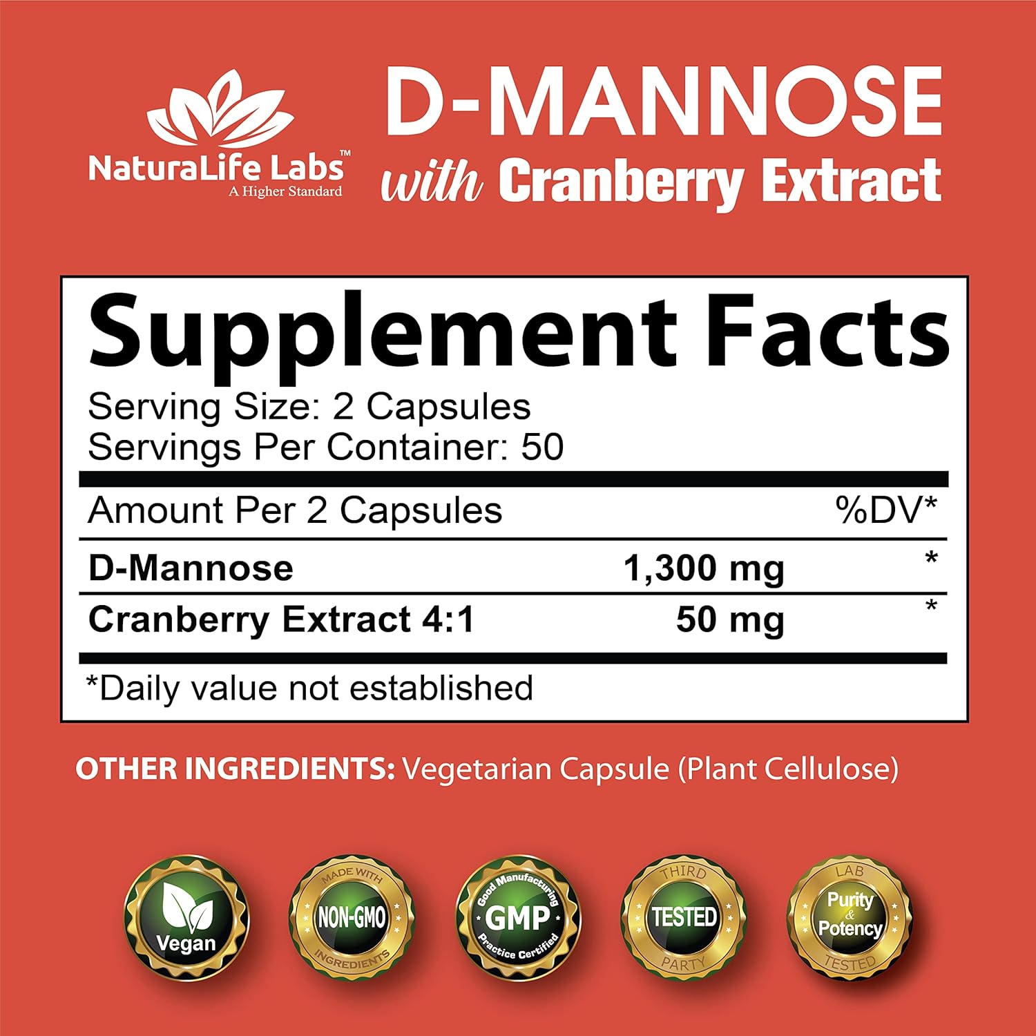 D-Mannose 1,300 mg with Cranberry Extract Fast-Acting, Flush Impurities, Urinary Tract Health- 100 Veggie Capsules