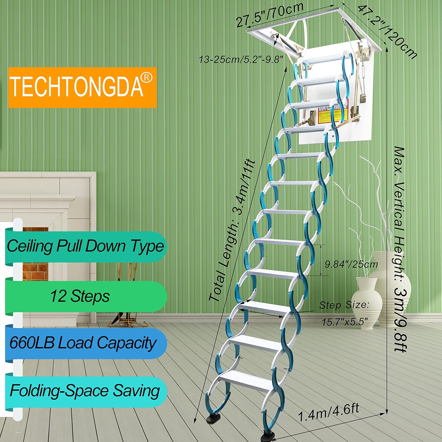 TECHTONGDA Attic Ceiling Ladder Pull Down Attic Stairs Blue Folding Loft Ladder Stairs 9.8ft Hight Ceiling Mounted Carbon Steel Attic Access Ladder Opening Size 27.5 x 47.2 Inch Folding Ladder