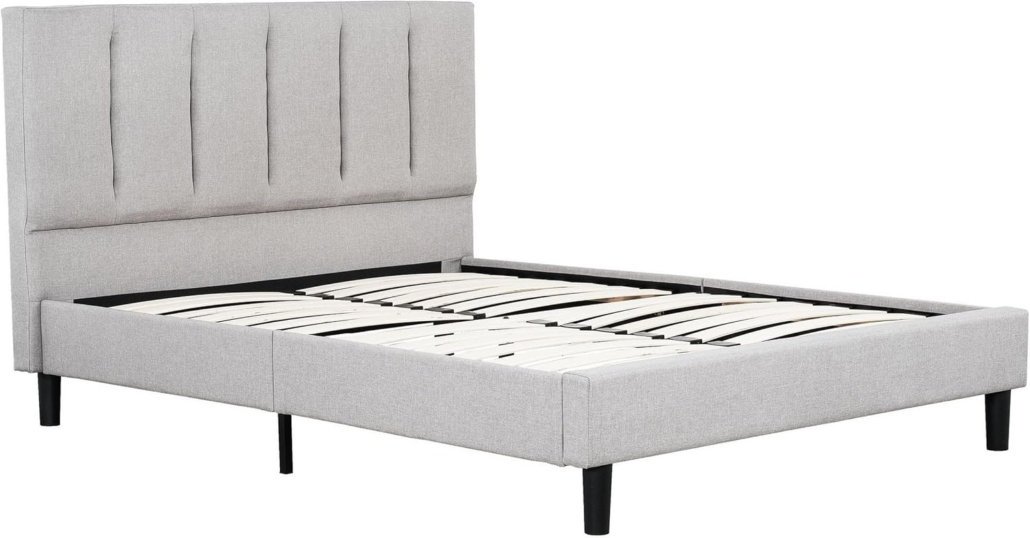 Benjara Heli Queen Bed, Gray Linen Upholstered Frame, Vertical Tufted Headboard