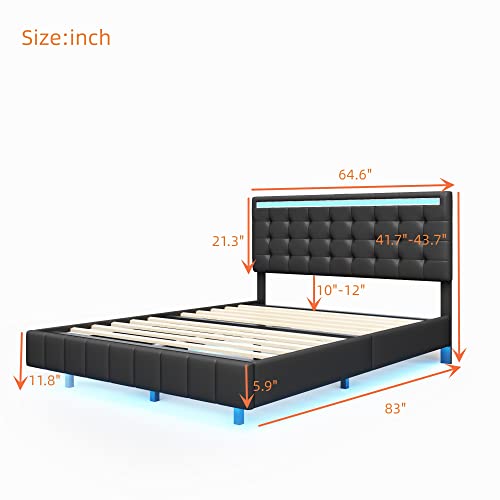 Merax Modern Upholstered Lift Up Bed Frame with LED Lights and USB Charger Full PU Leather Tufted Plattform Bed Hydraulic Storage System Black