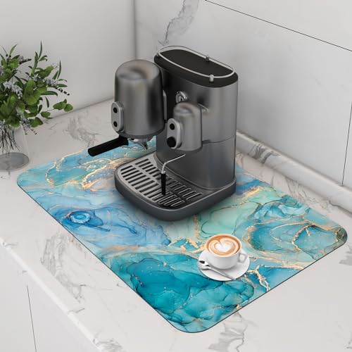 EMMTEEY Coffee Mat Marble Dish Drying Mats for Kitchen Counter Teal Turquoise Gold Coffee Maker Mats Hide Stain Absorbent Rubber Backed Coffee Bar Mats for Countertops Coffee Bar Accessories 24