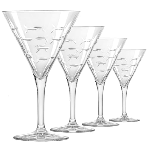 Rolf Glass School of Fish Martini Glass | Stemmed 7.5 oz. Martini Glasses | Lead-Free Glass | Diamond-Wheel Engraved Cocktail Glasses | Made in the USA (Set of 2)