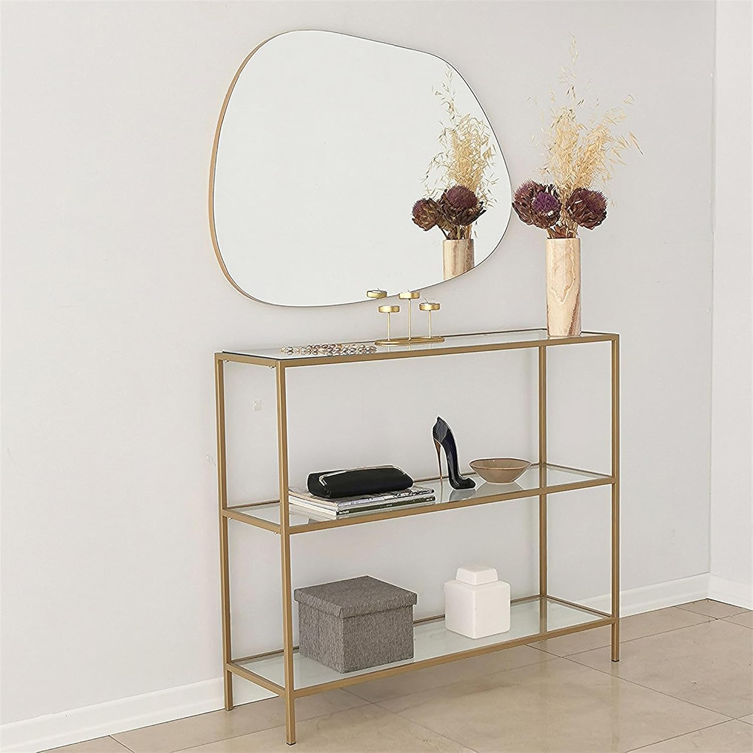 Irregular Wall Mirror, Asymmetrical Wood Back Frame Bathroom Mirror, Modern Decorative Vanity Amorphose Frameless Cloud Mirrors for Living Room Entryway (Gold, 22