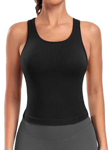 ATTRACO Workout Crop Tops for Women with Built in Bra U Neck Ribbed Seamless Yoga Tank Tight Fit