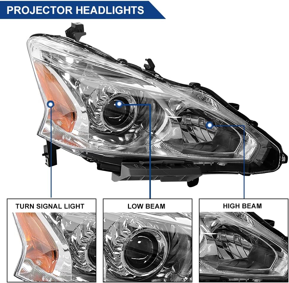 BoardRoad Headlight Assembly Compatible with 2013 2014 2015 Nissan Altima 4-Door Sedan Halogen Headlamps Replacement Chrome Housing Left and Right Side LH+RH