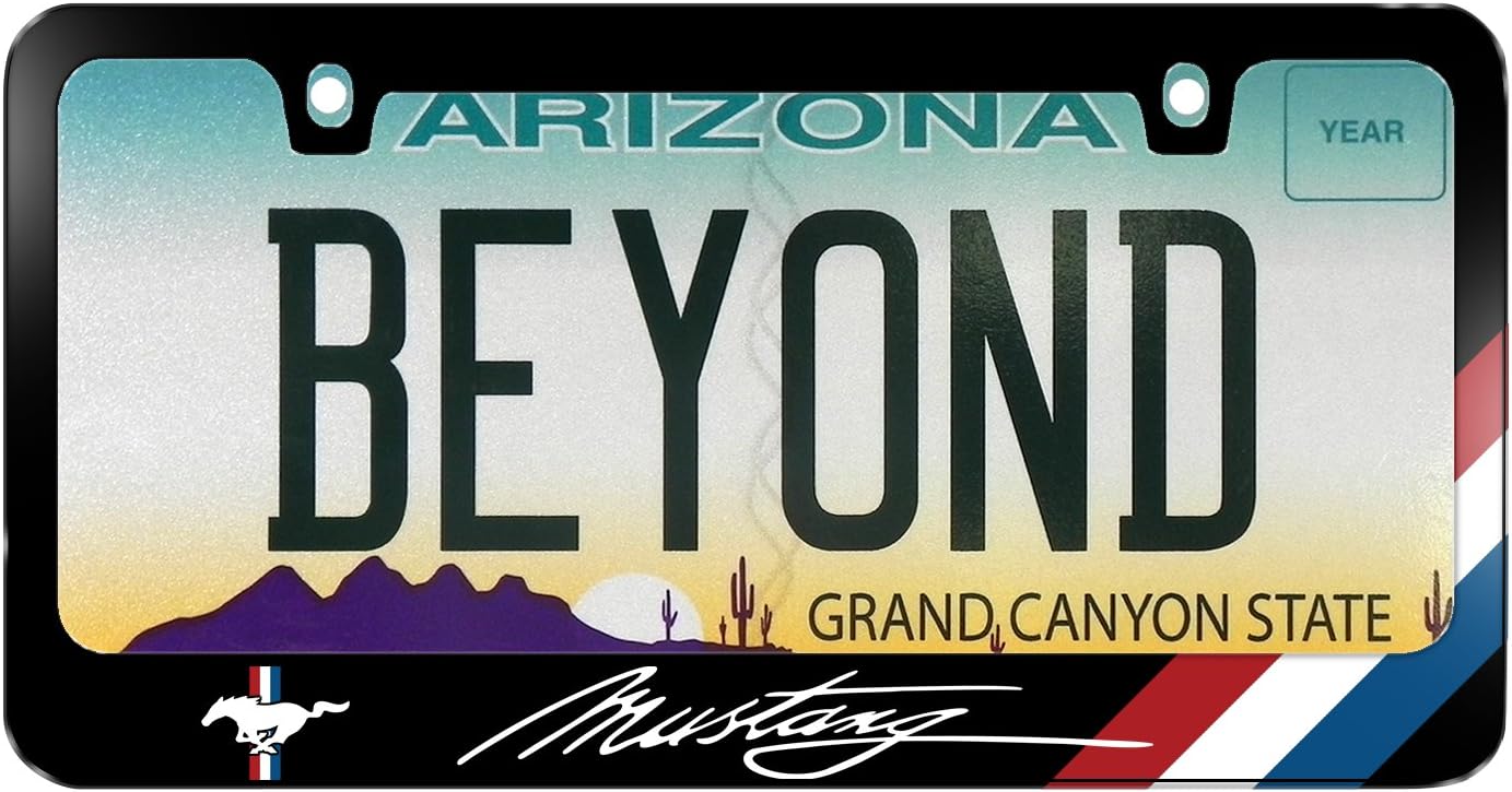 Made for Ford Mustang Script Tri-Bar Sports Stripe Black Metal License Plate Frame