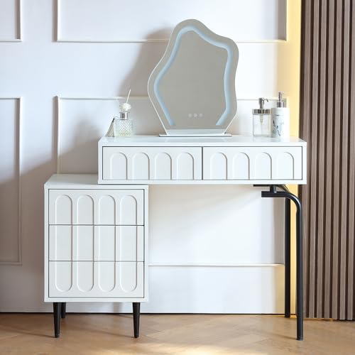 Vanity Desk with Push-to-Open Drawers Makeup Table with Cloud-Shaped Mirror Small Vanity for Bedroom Vanity Table with 5 Storage Drawers Dressing Table Tocador de Maquillaje para Mujer, White