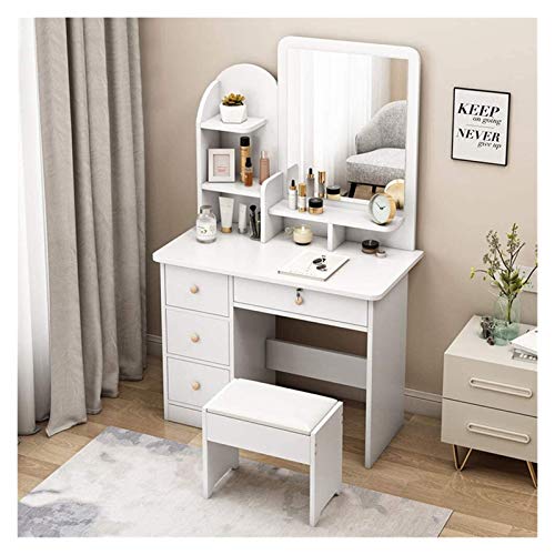 Luxury Dressing Vanity Table w/Stool for Bedroom, Makeup Table with Sliding Drawers & Cushioned Stool, Vanity Dressing Table with Dividers, Storage Shelves(C-white,70x40x135cm)