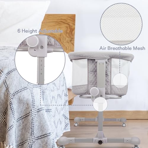 Baby Bassinet Bedside Sleeper, 3 in 1 Bedside Bassinet for Baby w/Soft Mattress, Breathable Mesh, Wheels and 6 Height Adjustable, Easy Folding Travel Bassinet, Safe Cosleeper Bedside Crib
