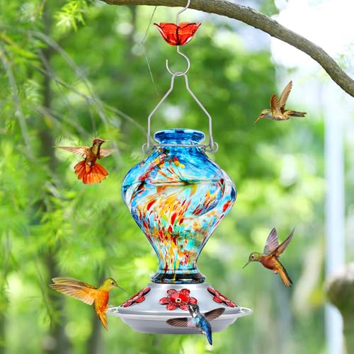 BOLITE Hummingbird Feeders, Glass Hummingbird Feeders for outdoors Hanging, Hand Blown Twisted with 5 Feeding Ports & Perch, 24 Ounces, Leak Proof, Blue