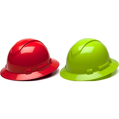 Pyramex Ridgeline Full Brim Hard Hats with 4-Point Ratchet Suspension (Red, Hi-Vis Lime)
