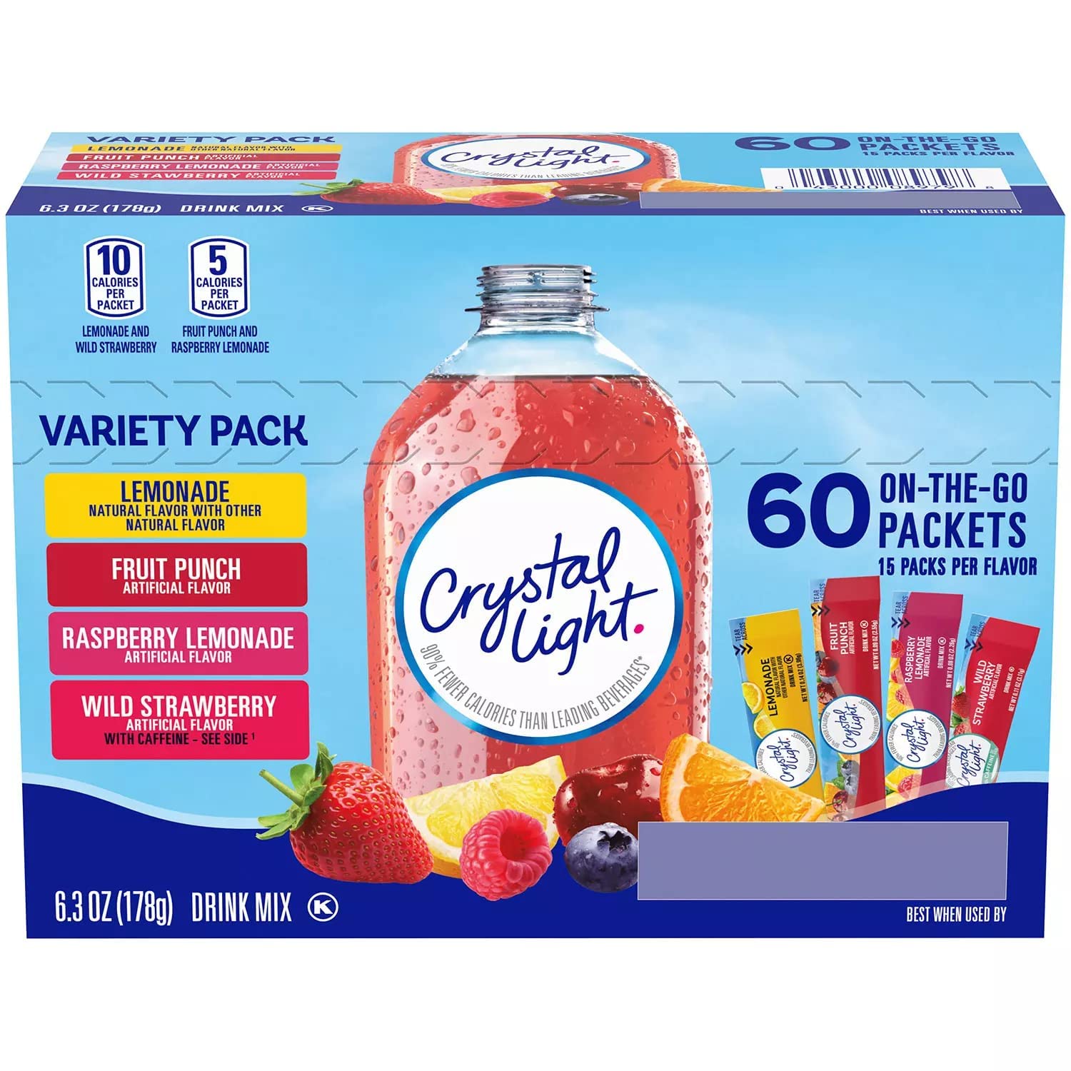 Crystal Light Sugar-Free, Lemonade, Fruit Punch, Raspberry Lemonade and Wild Strawberry On-The-Go Powdered Drink Mix Variety Pack, 60 Count, Each Packet Fits into a 16.9 oz. bottle or cup