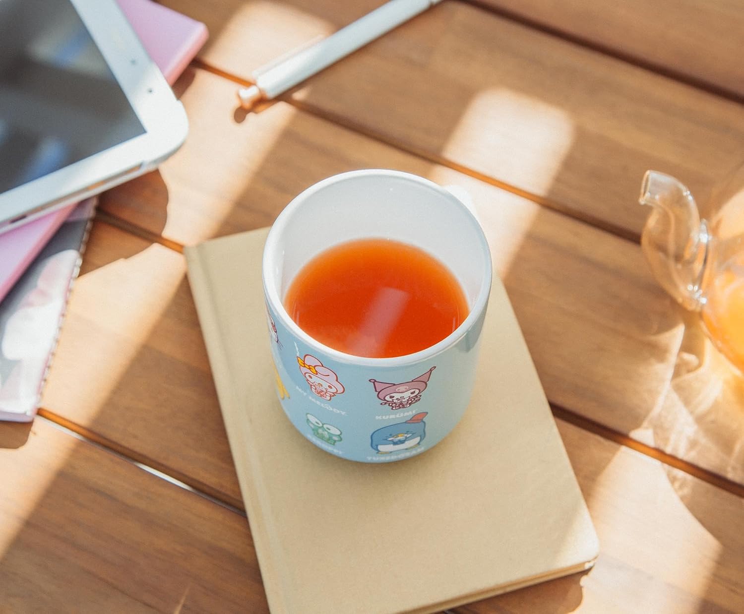 Hello Kitty Sanrio and Friends Drinking Boba Character Grid Asian Ceramic Tea Cup | Traditional Japanese-Inspired Mug Without Handle | Holds 9 Ounces