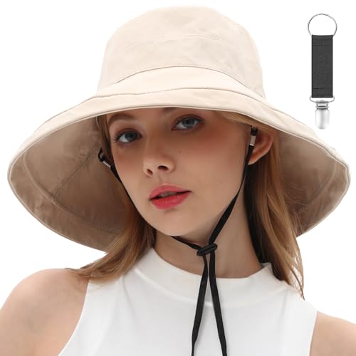 Womens Sun Hats Wide Brim Reversible Bucket Cotton Hat Packable Summer Travel Cap with Hat Clip,UV Protection