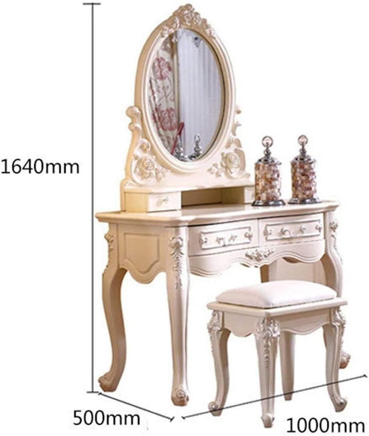 Luxury Dressing Vanity Table w/Stool for Bedroom, 2 in 1 Makeup Vanity Desk European Style Dressing Table Solid Wood Small Apartment Mini Carved