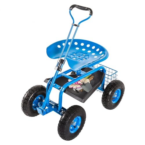KINTNESS Garden Cart Rolling Work Seat with Tool Tray and Storage Basket on Wheels Heavy Duty Scooter Gardening Planting
