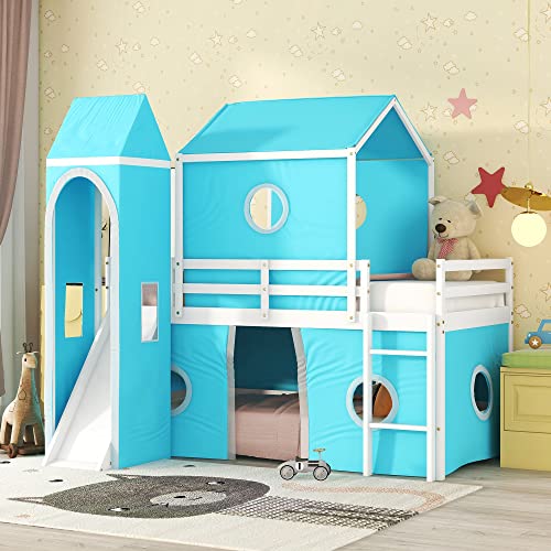 Castle Shaped Loft Bed with Slide and Tower, Twin Size Wooden House Floor Bunk Bed Frame with Tent, for Kid's Bedroom Furniture (Blue)
