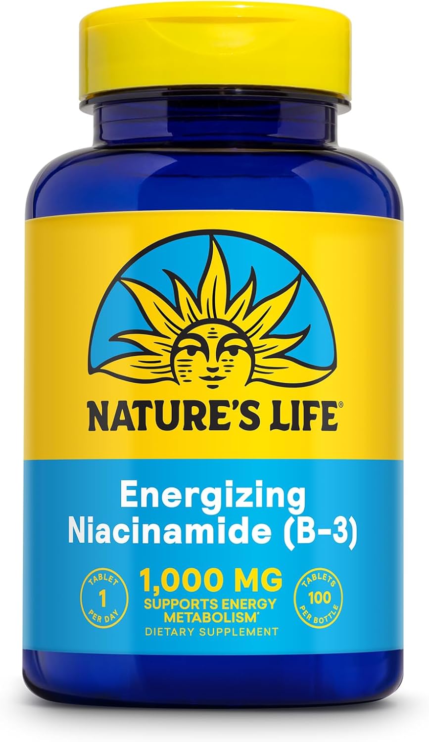 Nature's Life Energizing Niacinamide, Vitamin B3 1000mg - High Potency, No Flush Niacin Supplement - Nerve Function, Energy and Metabolism Support - 60-Day Guarantee - 100 Servings, 100 Tablets