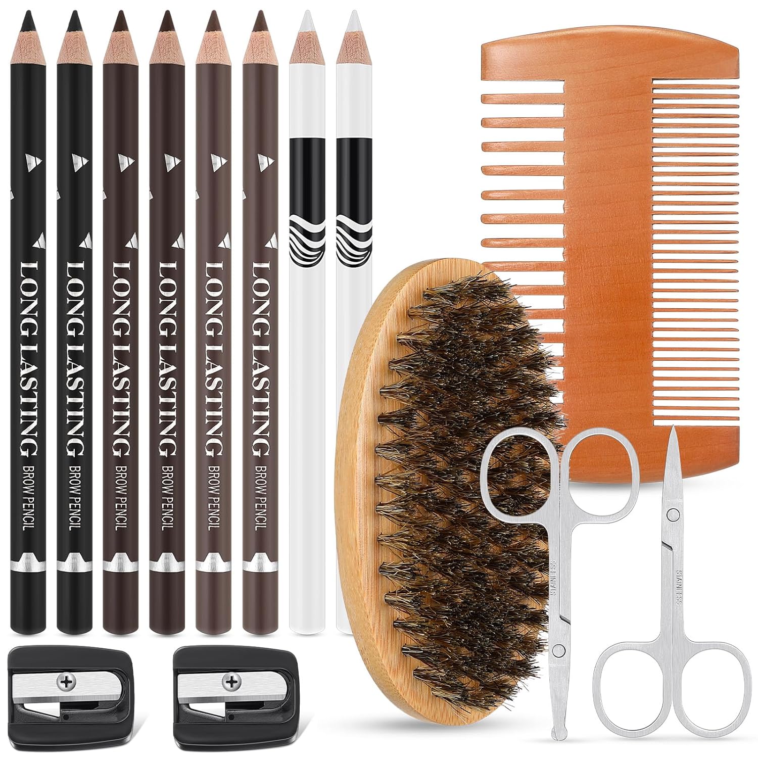 18 Pcs Beard Brush Beard Comb Barber Pencil with Sharpener Set for Men Mustache Scissors Grooming Kit, Natural Boar Bristle Brush, Dual Action Wood Comb, Guide Beard Hairline Shaping Pencils