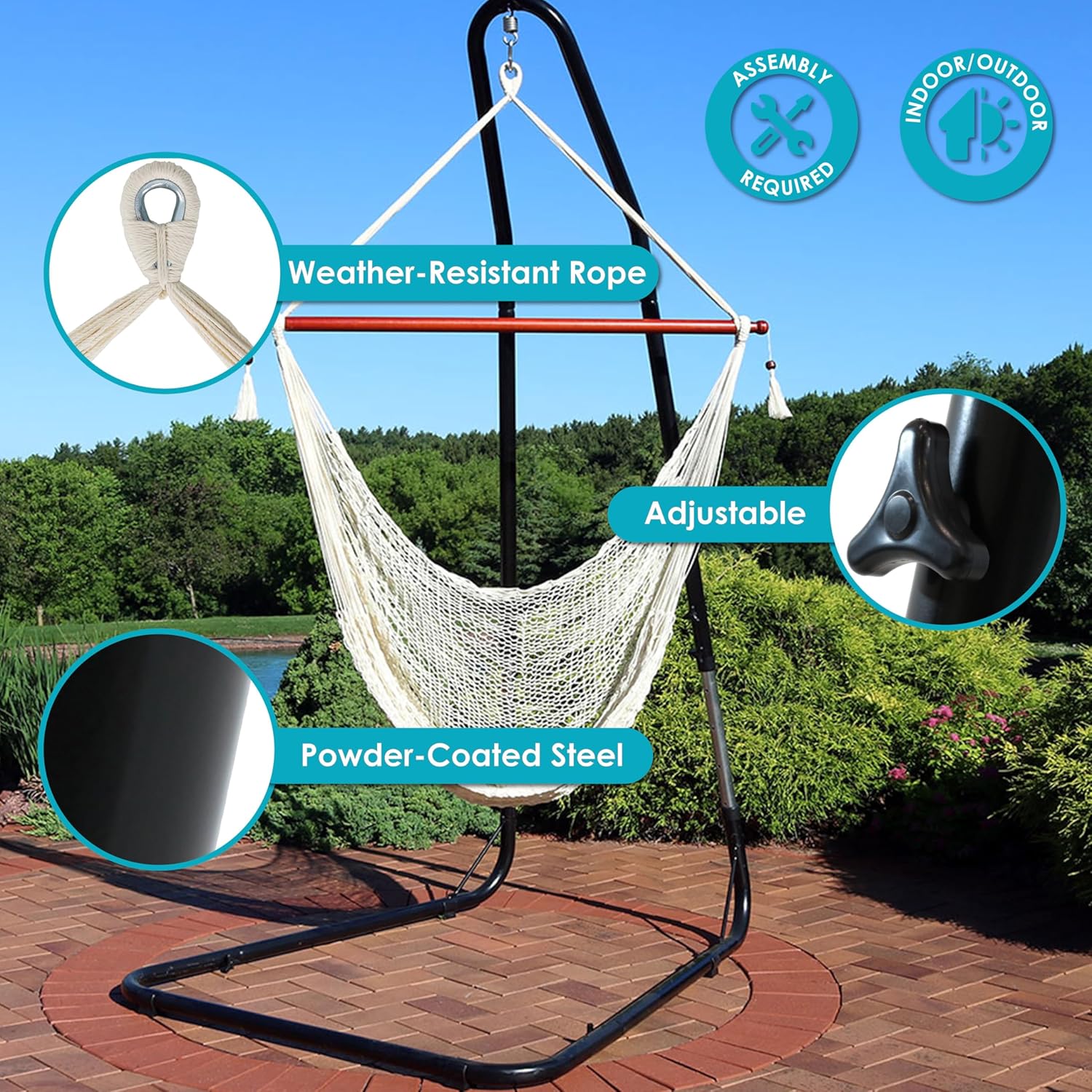 Sunnydaze Cabo-Style Hanging Rope Hammock Chair Swing with Adjustable Stand - 330-Pound Capacity - Black Stand - Cream