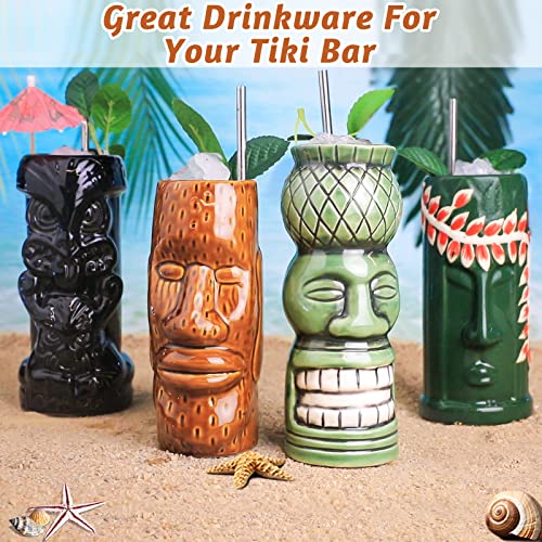 Tiki Mugs Cocktail Set of 4 - Large Ceramic Hawaiian Party Mugs Drinkware, Cute Exotic Cocktail Glasses, Tiki Bar Professional Hawaiian Party Barware, TKSET0012 (4 pack)