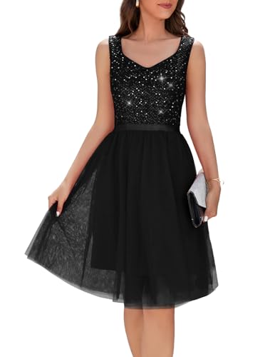 Meetjen Women's Sequin V Neck Cocktail Dress 2024 A line Tulle Short Prom Dresses for Wedding Party Sparkly Ball Gowns