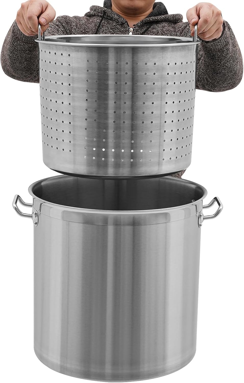 53 Quart Large Stock Pot with Lid, Heavy Duty Stainless Steel Cooking Pot, Commercial Cookware for Soup, Stew & Sauce, with Strainer & Handle, Induction Ready