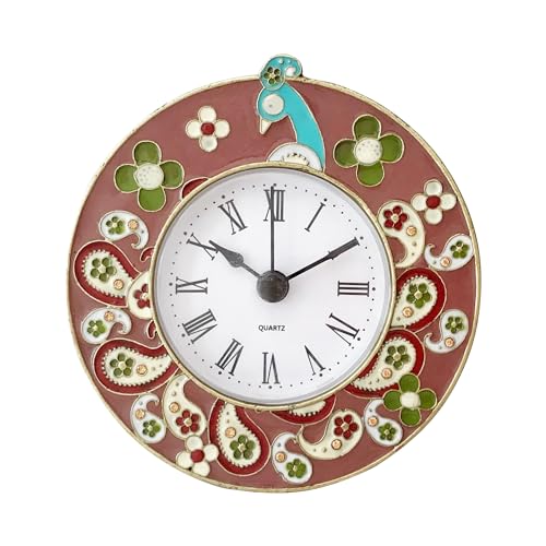 Vintage Mini Analog Table Clock, Silent Small Table Clock with Hand-Painted Metal Body, Battery Operated Non-Ticking Clock Core for Shelf, Living Room, Bedroom, Bedside, Desk, Gift Clock