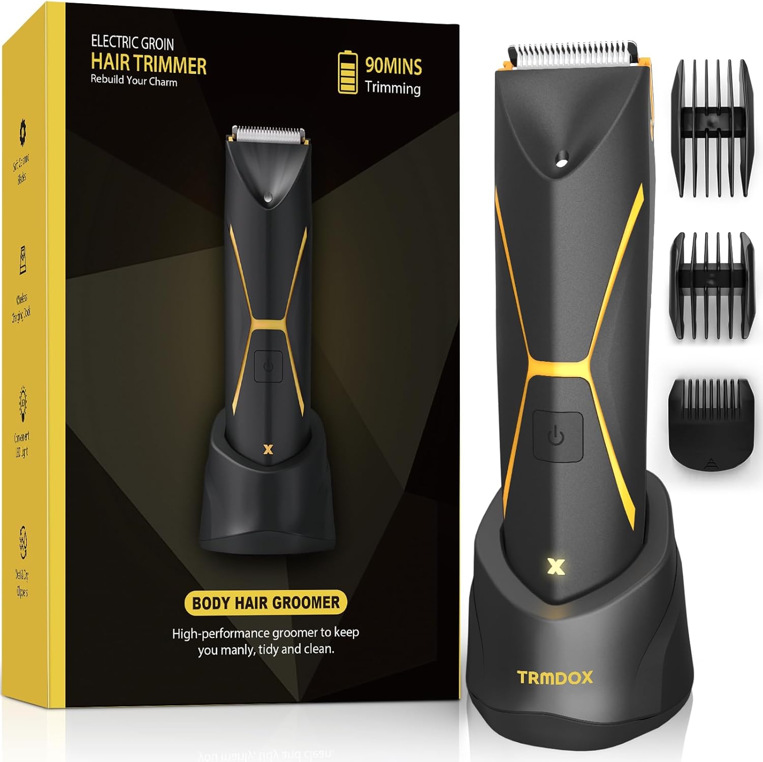 Ball Trimmer, Body Hair Trimmer for Men, Electric Groin & Pubic Hair Trimmer with Light, Ceramic Blade Heads, Wireless Recharge Dock, Cordless for Wet/Dry Use, Body Shaver Men's Grooming Kit