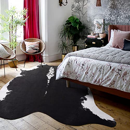 HOMORE Cowhide Rug, Cute Cow Print Rug for Living Room Faux Cow Hide Animal Print Carpet for Bedroom Office Table, 4.6 x 5.2 Feet, Black