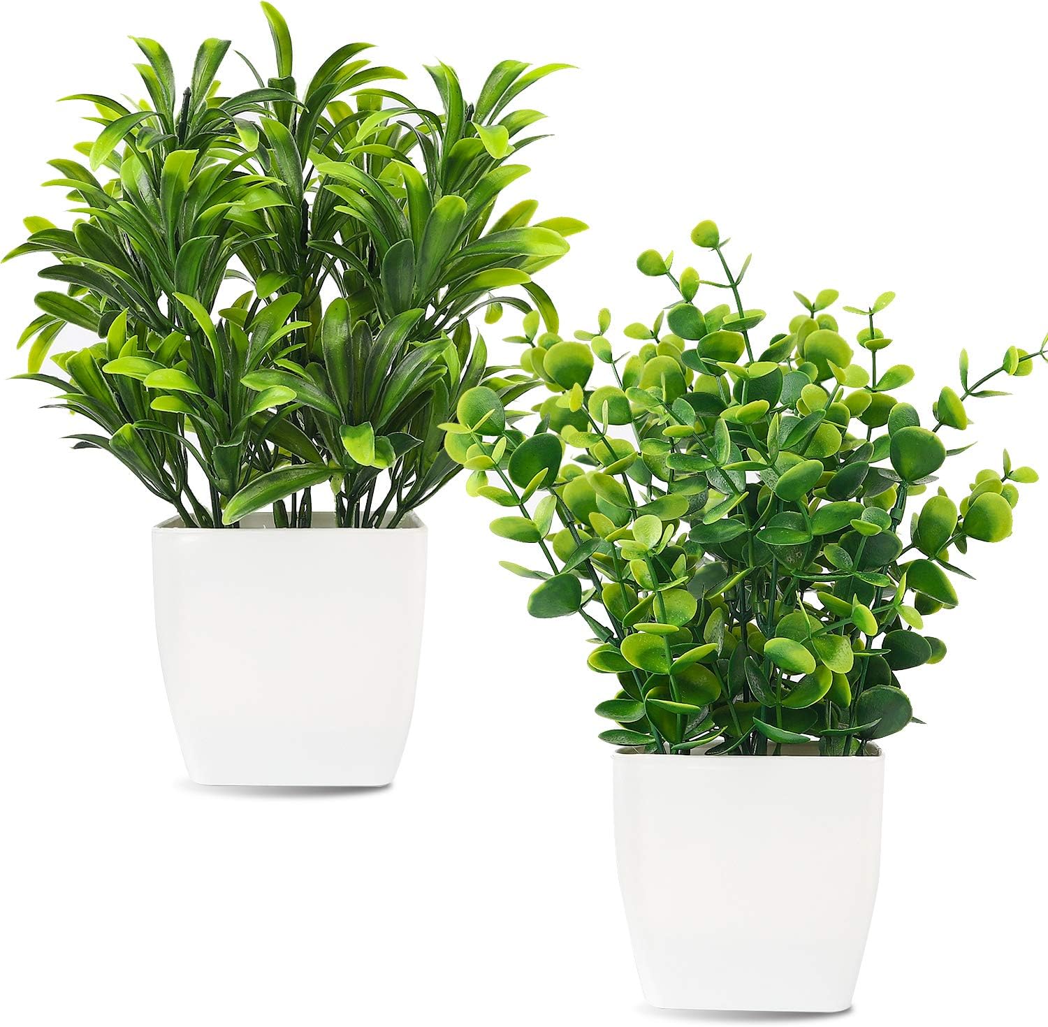 Whonline 2pcs Small Fake Plants, Mini Potted Plants for Home Bathroom Shelf Decor, Artificial Eucalyptus Plants for Office Desk Greenery Decoration