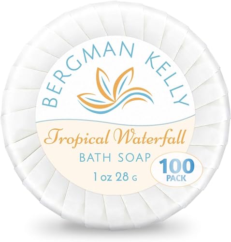 BERGMAN KELLY Hotel Soap Bars in Bulk (Tropical Waterfall, 1 oz, 100 PK), Travel Size Cleansing Soap, Small Individually Wrapped Round Soap, Mini Size Toiletries: Airbnb, Motel, Guest Bath