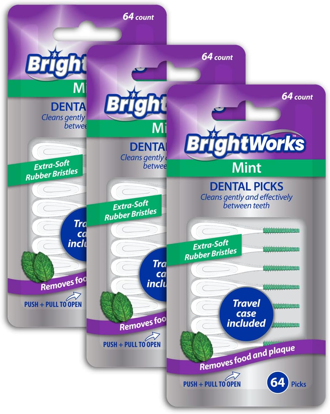BrightWorks Mint Dental Picks, with Extra Soft Rubber Bristles and Flexible Tip, Clean Gently and Effectively Between Teeth, Travel Case Included, 3 Packs (64 Per Pack) [192 Total Picks]