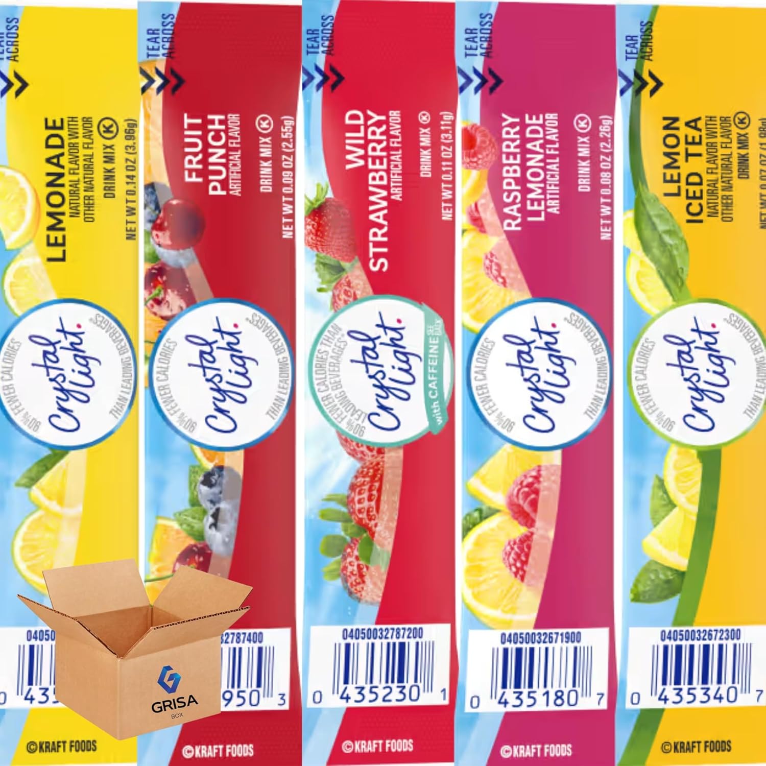 Crystal Light Variety Pack 70 Flavored Drink Mix Packets in Lemonade, Fruit Punch, Raspberry, Wild Strawberry and Crystal Light Lemon Iced Tea Powdered Drink Mix Flavors On The Go Packets, Sugar-Free Hydration Anytime, Anywhere! GrisaBox Stickers