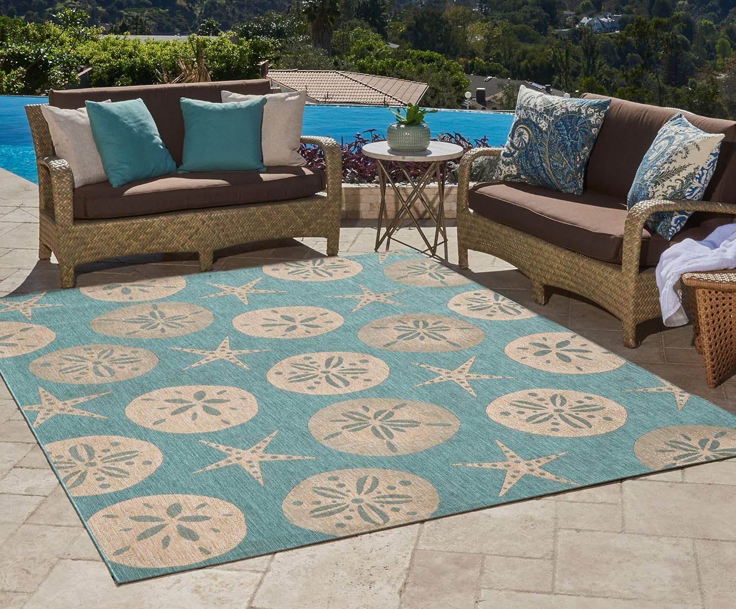 Gertmenian Indoor Outdoor Classic Flatweave Area Rug, Stain & UV Resistant Carpet, Deck, Patio, Poolside & Mudroom, 6x9 Ft Medium, Sand Dollar Starfish, Oasis Green, 22220