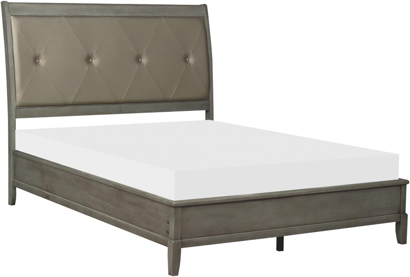 Benjara Hadly Classic Queen Sleigh Bed, Button Tufted Headboard, Gray Faux Leather