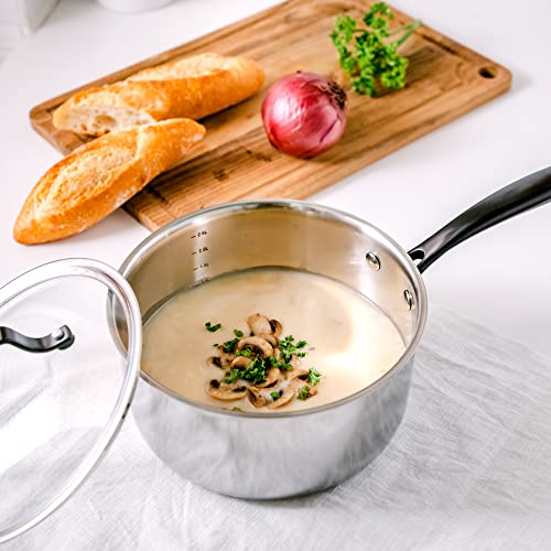 GrandTies Full-Clad Tri-Ply Stainless Steel Sauce pan Induction Cookware – 3 QT Stainless Steel Pot, Marquina Black Metal Handles Kitchen Cooking Pot with Lid, Dishwasher Safe Pots and Pans