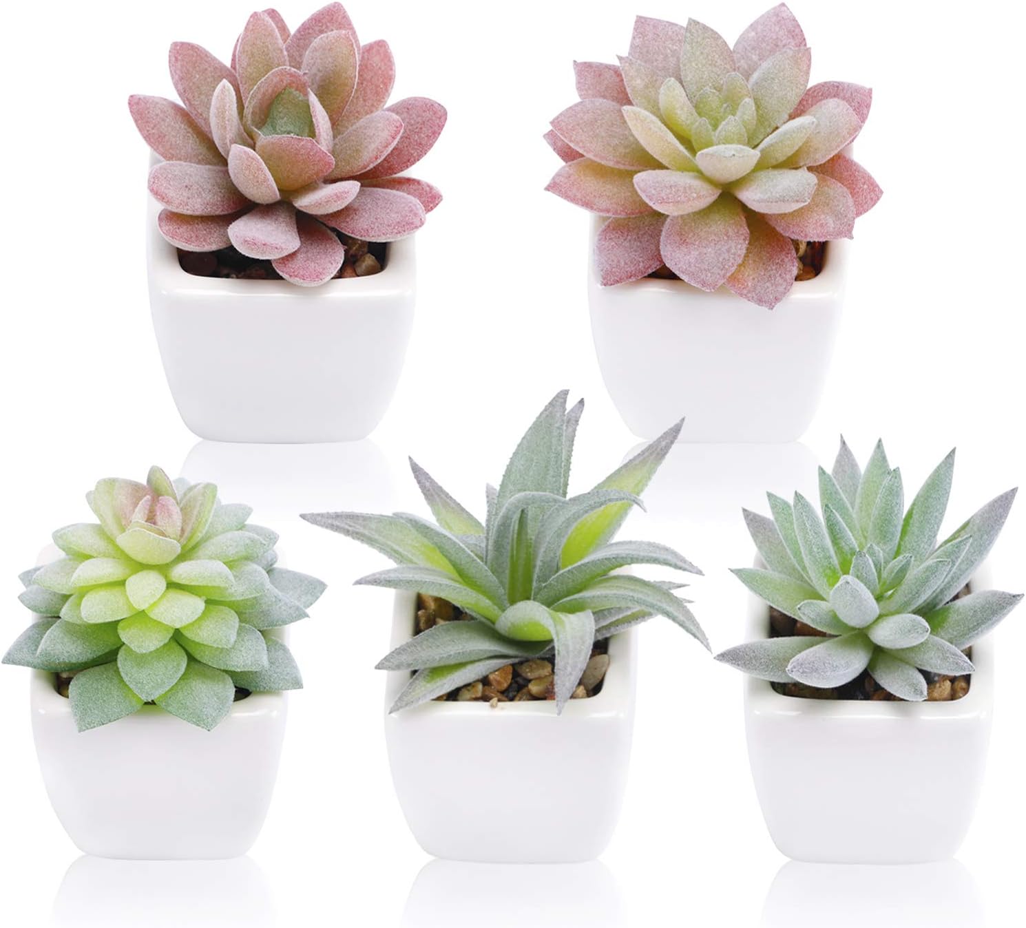 FUNARTY 5pcs Artificial Succulent Plants in White Ceramic Pots, Fake Small Fake Plants, Faux Mini Succulents Plants Indoor for Desk Living Room Bedroom Windowsills Office Home Decoration