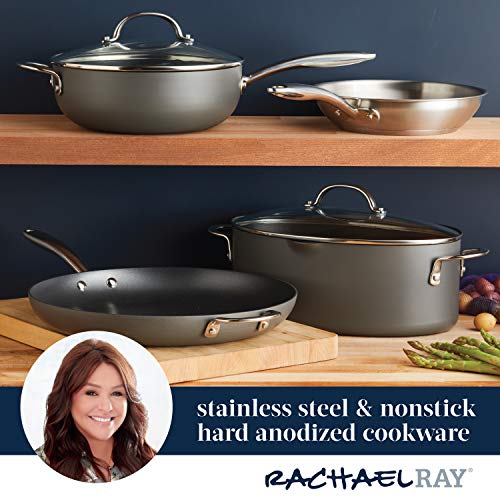 Rachael Ray 80088 Professional Hard Anodized Nonstick Sauce Pan/Saucepan/Saucier with Helper Handle and Lid, 4 Quart - Gray