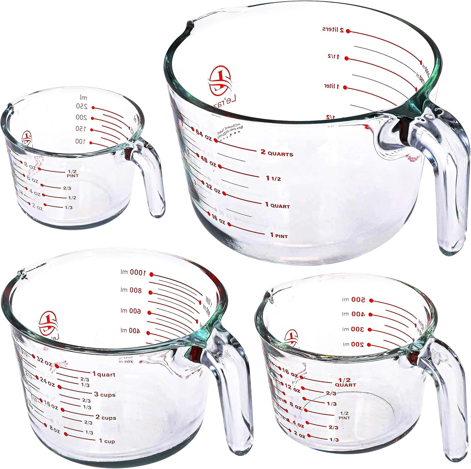 Set of 4 Glass Measuring Cups - Kitchen Mixing Bowl, Liquid Measure Cup, Glass Bakeware Batter Bowls. 1 cup, 2 cup, 4 cup, 8 cup.