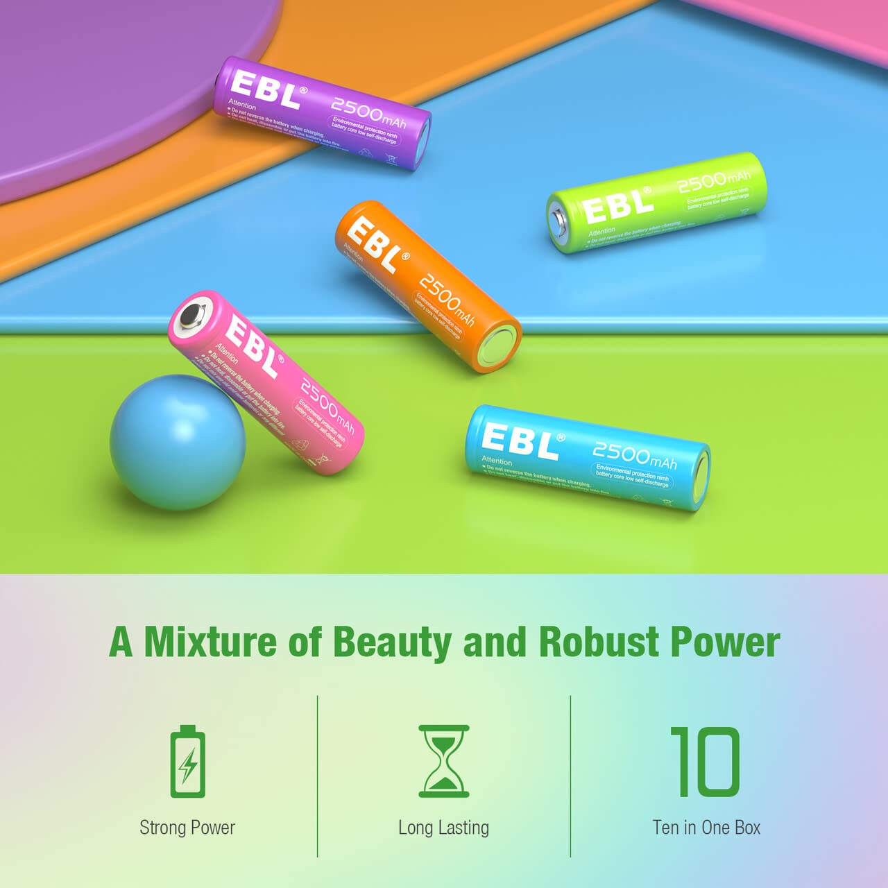 EBL AA Rechargeable Batteries 2500mAh (10 Pack - 5 Colors in One Box) Pre-Charged 1.2V NiMH Double A Battery