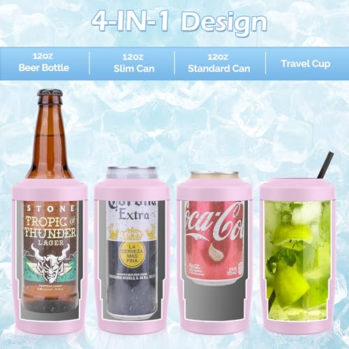 4-in-1 Skinny Can Cooler Double Wall Stainless Steel Insulated Can Holder, Works With 12 Oz Slim Can,Standard Cans,Beer Bottles & As Pint Cups(Black)