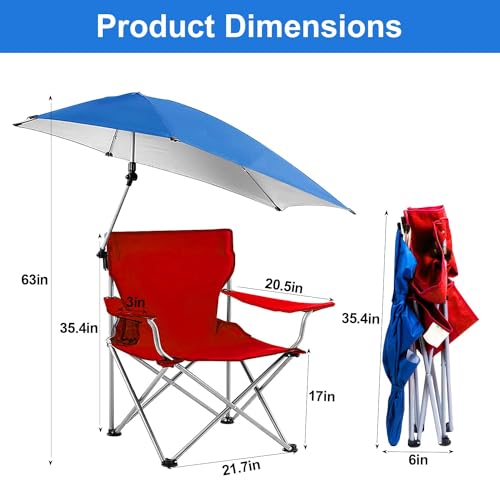 Beach Chair with Umbrella, Folding Beach Chairs for Adults with Canopy Shade, UPF 50+ Adjustable Heavy Duty Camping Lawn Chair with Cup Holder Carry Bag, for Outdoor Picnic BBQ Fishing (Red)