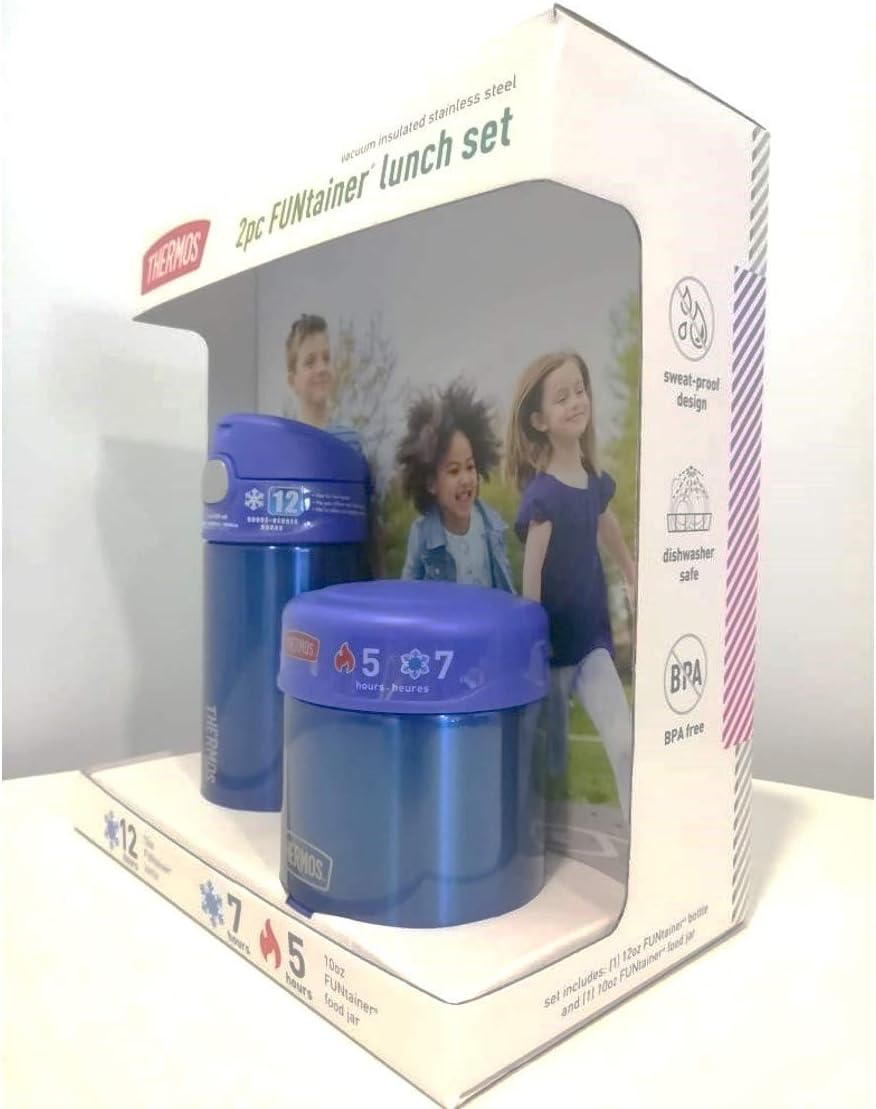 Thermos FUNtainer Lunch Set Bottle and Food Jar for Kids BPA Free Dishwasher Safe, 2 PC (Blue, 2 PC Set)
