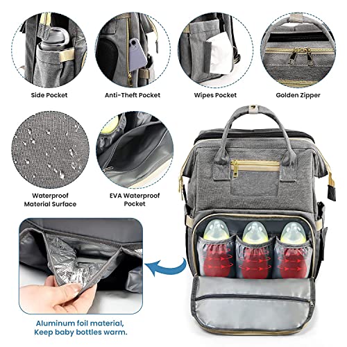Unisex Diaper Bag Backpack, Grey, Large Capacity, Waterproof, Padded Shoulder Straps, Reinforced Zippers, 5 Pockets with Insulated Function, Suitable for 0-24 Months