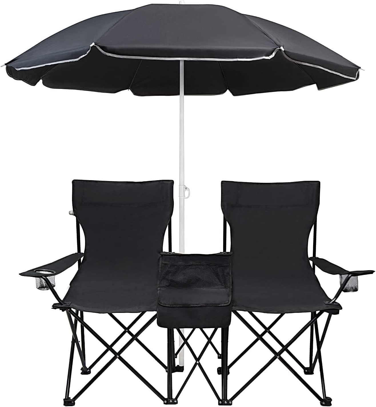 LEADALLWAY Double Camping Chair with Umbrella(Cup Holder+Cooler Bag+Mini Table) Support 256 LBS,19''x19''each seat